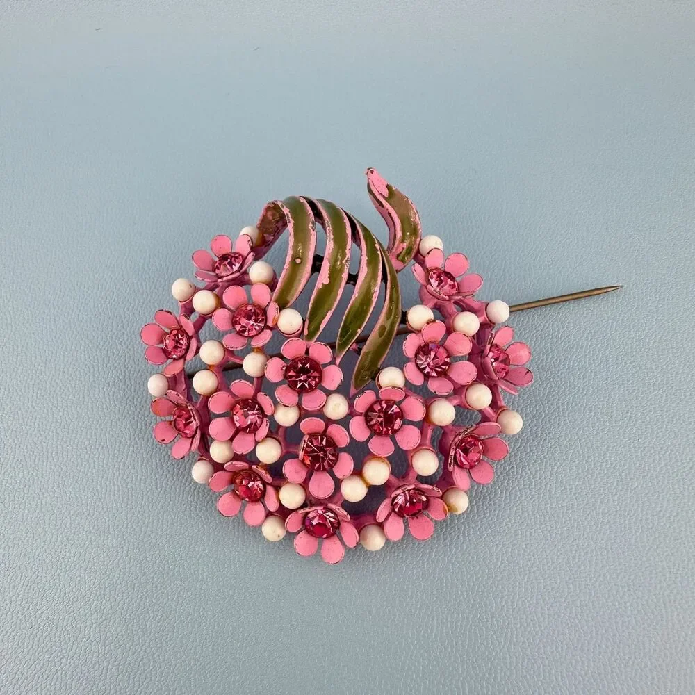Vintage Rhinestone Flower Brooch Pink Japanned Enamel Floral Spray Bouquet 2
